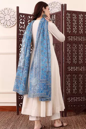 Cream chanderi silk solid plain with printed dupatta kurta pant set