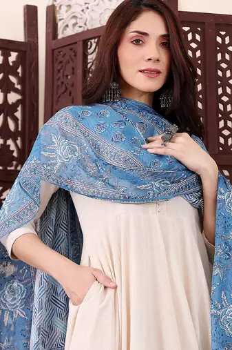 Cream chanderi silk solid plain with printed dupatta kurta pant set
