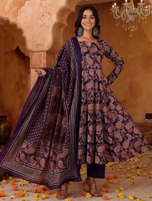 Purple rayon blend printed kurta pant set 1