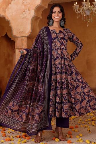 Purple rayon blend printed kurta pant set