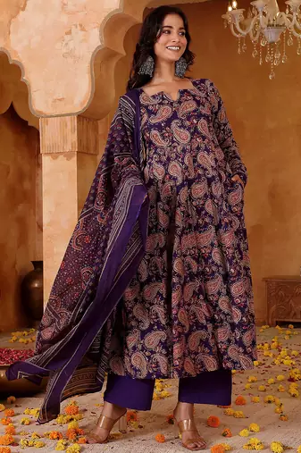 Purple rayon blend printed kurta pant set