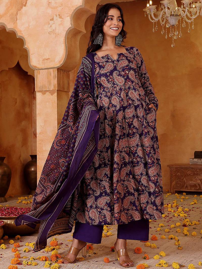 Purple rayon blend printed kurta pant set