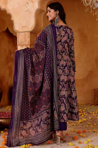 Purple rayon blend printed kurta pant set