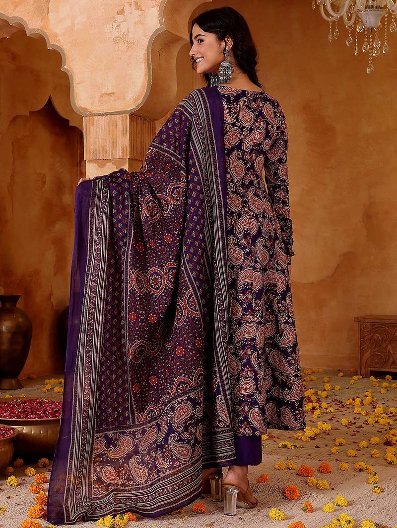 Purple rayon blend printed kurta pant set