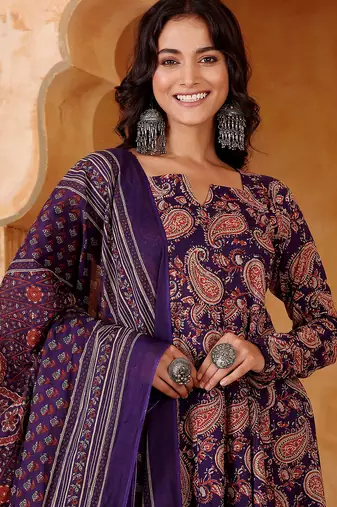 Purple rayon blend printed kurta pant set