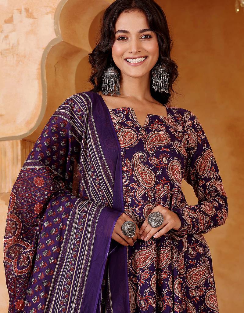 Purple rayon blend printed kurta pant set