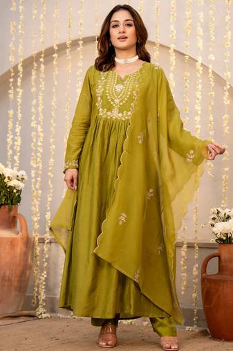 Olive chanderi silk heavy thread embroidery work kurta pant set