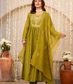 Olive chanderi silk heavy thread embroidery work kurta pant set