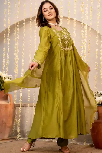 Olive chanderi silk heavy thread embroidery work kurta pant set