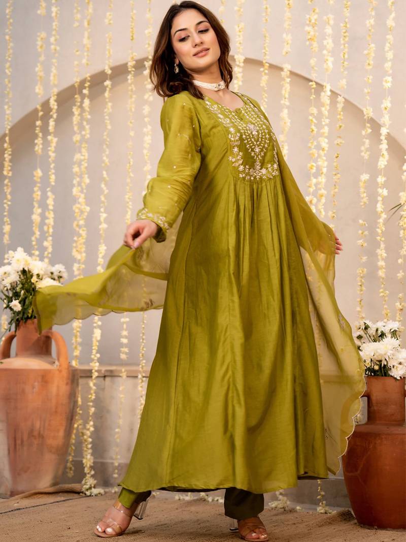 Olive chanderi silk heavy thread embroidery work kurta pant set