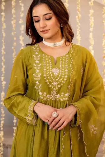 Olive chanderi silk heavy thread embroidery work kurta pant set