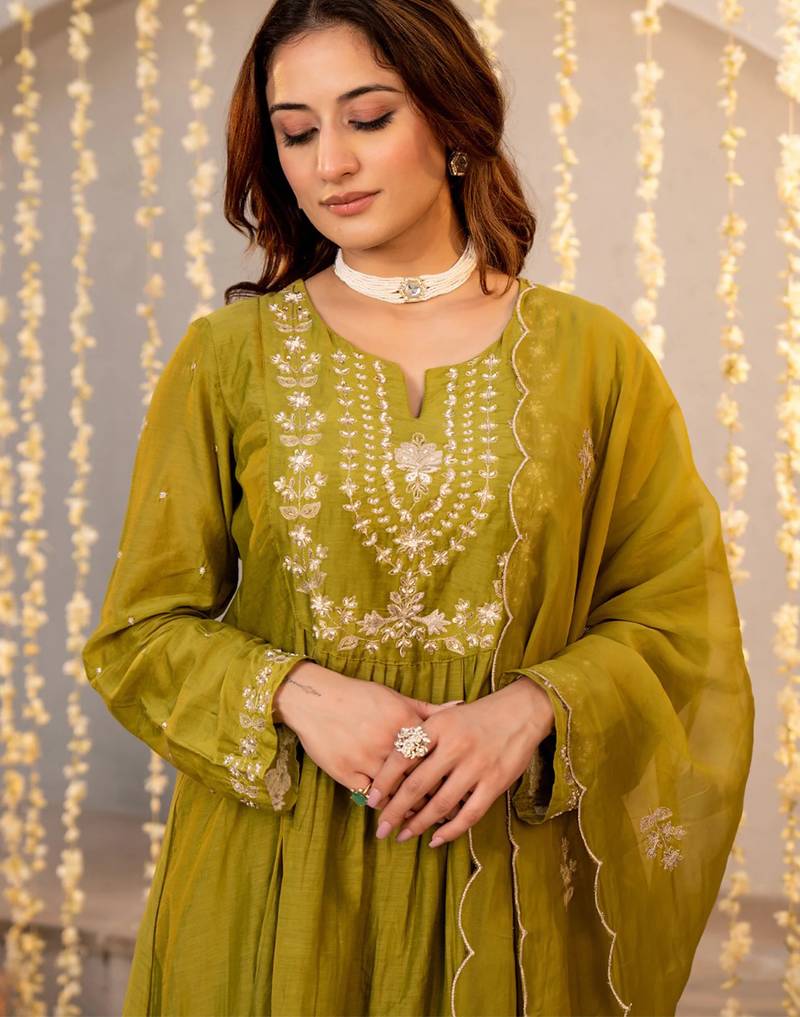 Olive chanderi silk heavy thread embroidery work kurta pant set