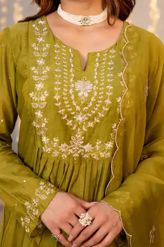 Olive chanderi silk heavy thread embroidery work kurta pant set