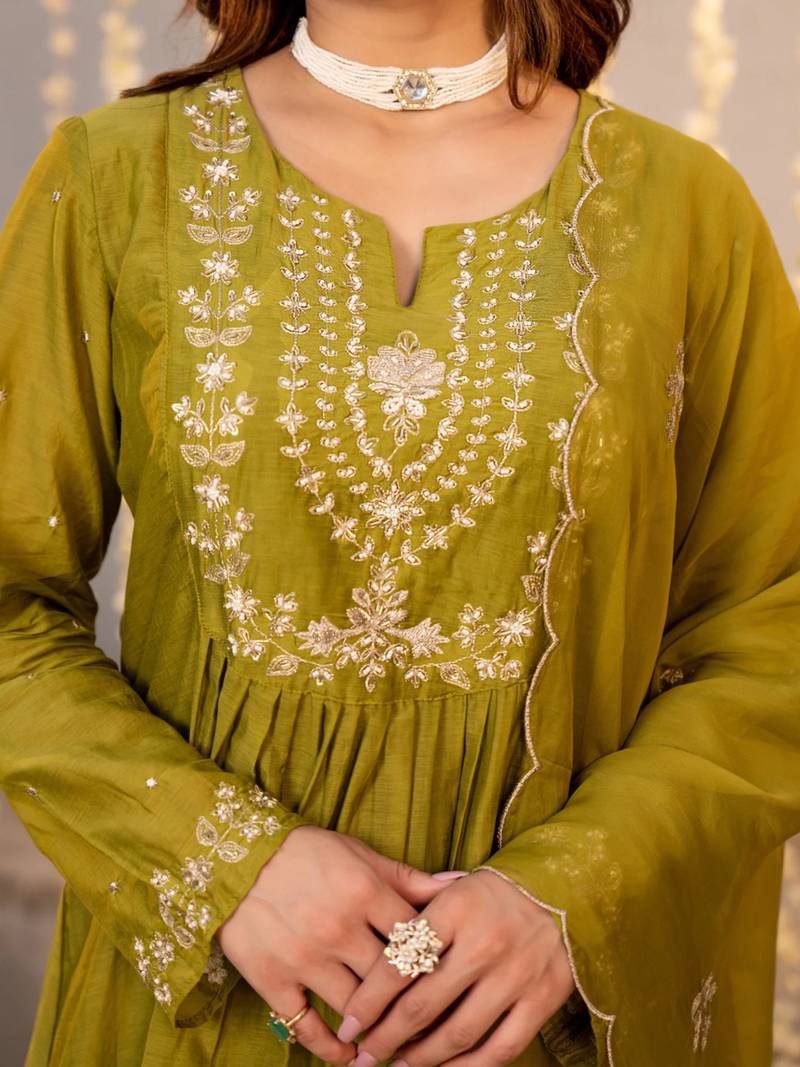 Olive chanderi silk heavy thread embroidery work kurta pant set