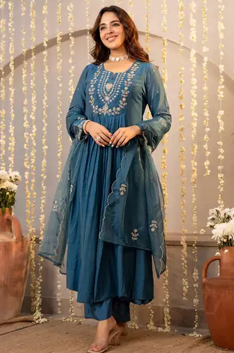 Blue chanderi silk heavy thread embroidery work kurta pant set