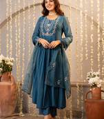Blue chanderi silk heavy thread embroidery work kurta pant set