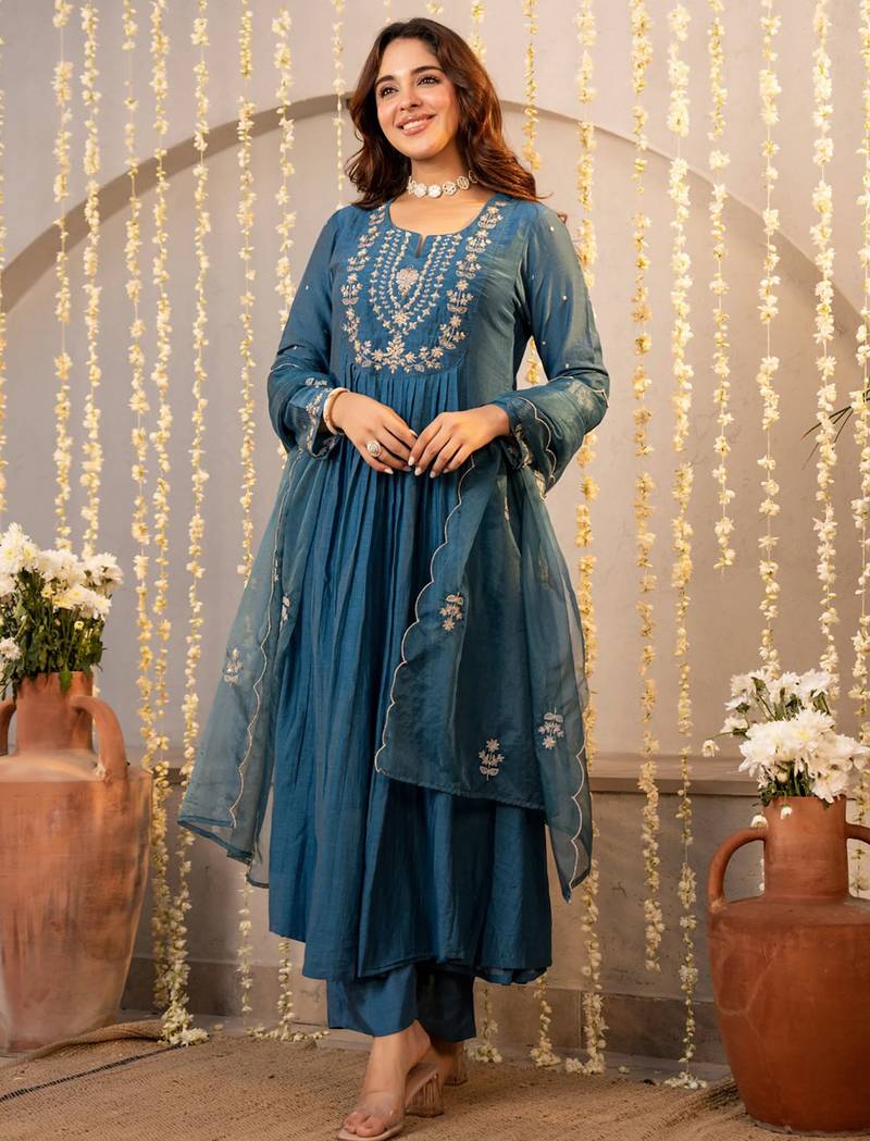 Blue chanderi silk heavy thread embroidery work kurta pant set