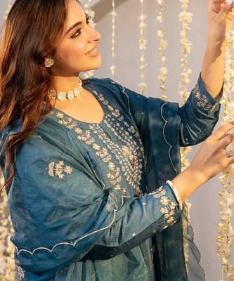 Blue chanderi silk heavy thread embroidery work kurta pant set 3