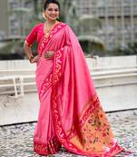 pink silk saree with zari butti work