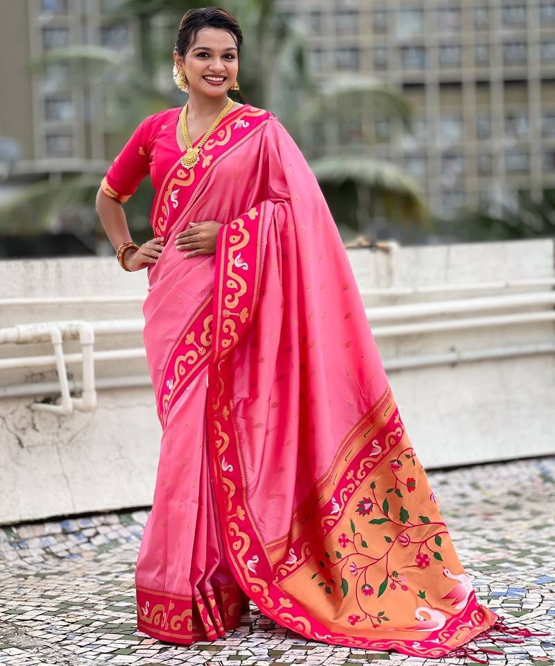 Pink paithani silk zari weaving saree with contrast blouse piece