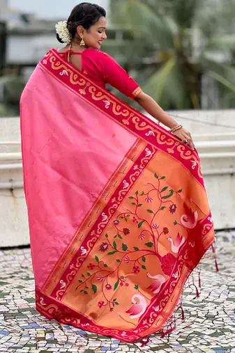 pink silk saree with zari butti work