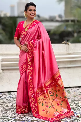 pink silk saree with zari butti work