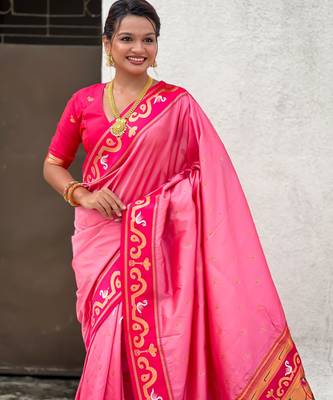 pink silk saree with zari butti work 5