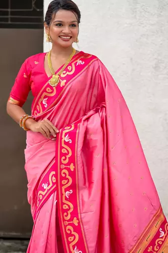 pink silk saree with zari butti work