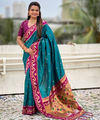 Teal paithani silk zari weaving saree with contrast blouse piece 1
