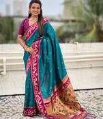Teal paithani silk zari weaving saree with contrast blouse piece