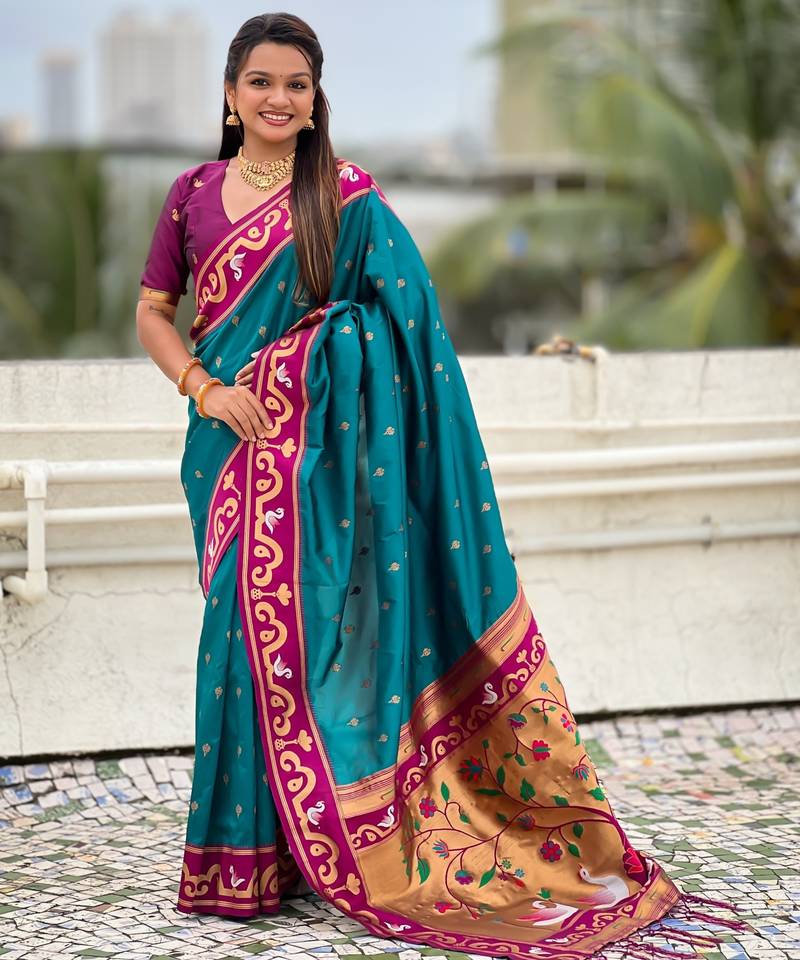 Teal paithani silk zari weaving saree with contrast blouse piece