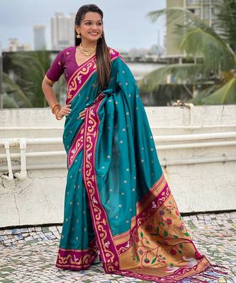 Teal paithani silk zari weaving saree with contrast blouse piece 3