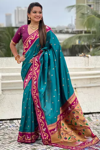 Teal paithani silk zari weaving saree with contrast blouse piece