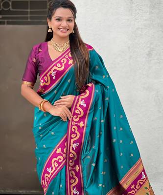 Teal paithani silk zari weaving saree with contrast blouse piece 5
