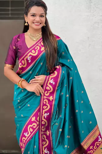 Teal paithani silk zari weaving saree with contrast blouse piece