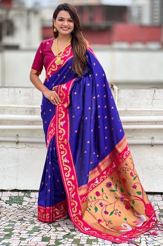 Blue paithani silk zari weaving saree with contrast blouse piece