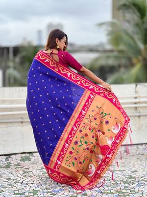 blue silk saree with paithani zari work 2