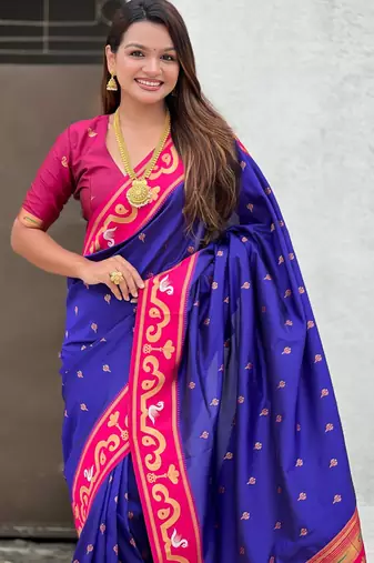 blue silk saree with paithani zari work