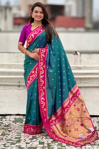Teal paithani silk zari weaving saree with contrast blouse piece