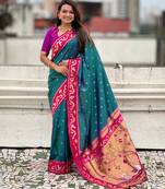 teal silk saree with zari butti work