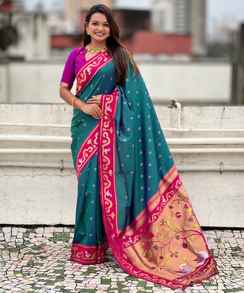Teal paithani silk zari weaving saree with contrast blouse piece