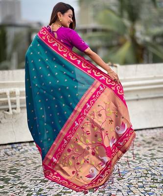 teal silk saree with zari butti work 2