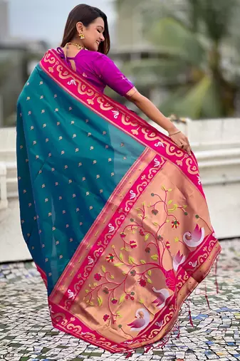 teal silk saree with zari butti work
