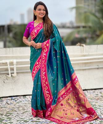 teal silk saree with zari butti work 3