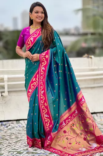 teal silk saree with zari butti work