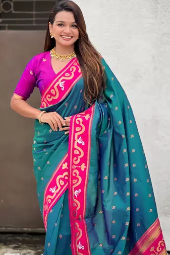 teal silk saree with zari butti work