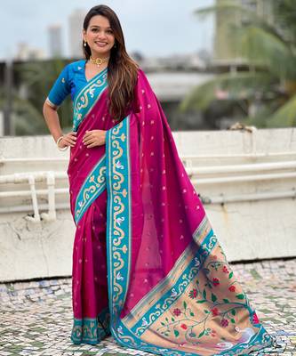 magenta silk saree with paithani zari work 1