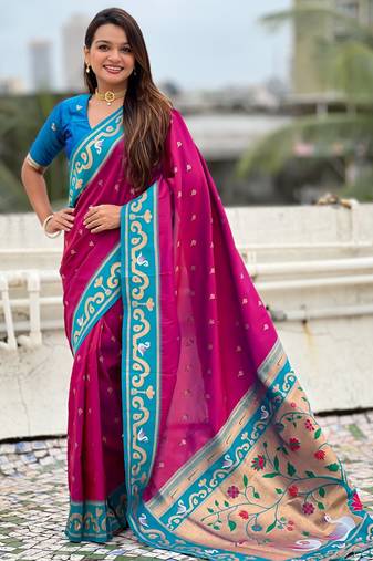 Magenta paithani silk zari weaving saree with contrast blouse piece