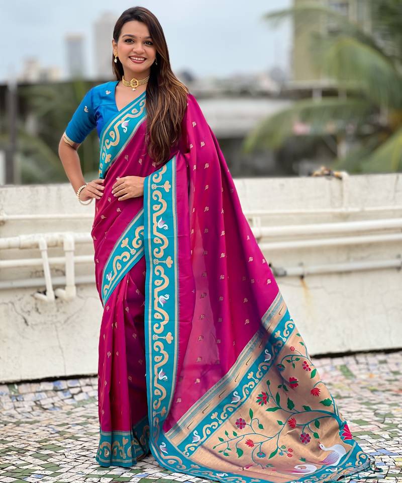 Magenta paithani silk zari weaving saree with contrast blouse piece