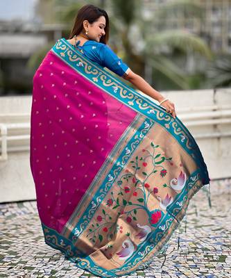 magenta silk saree with paithani zari work 2